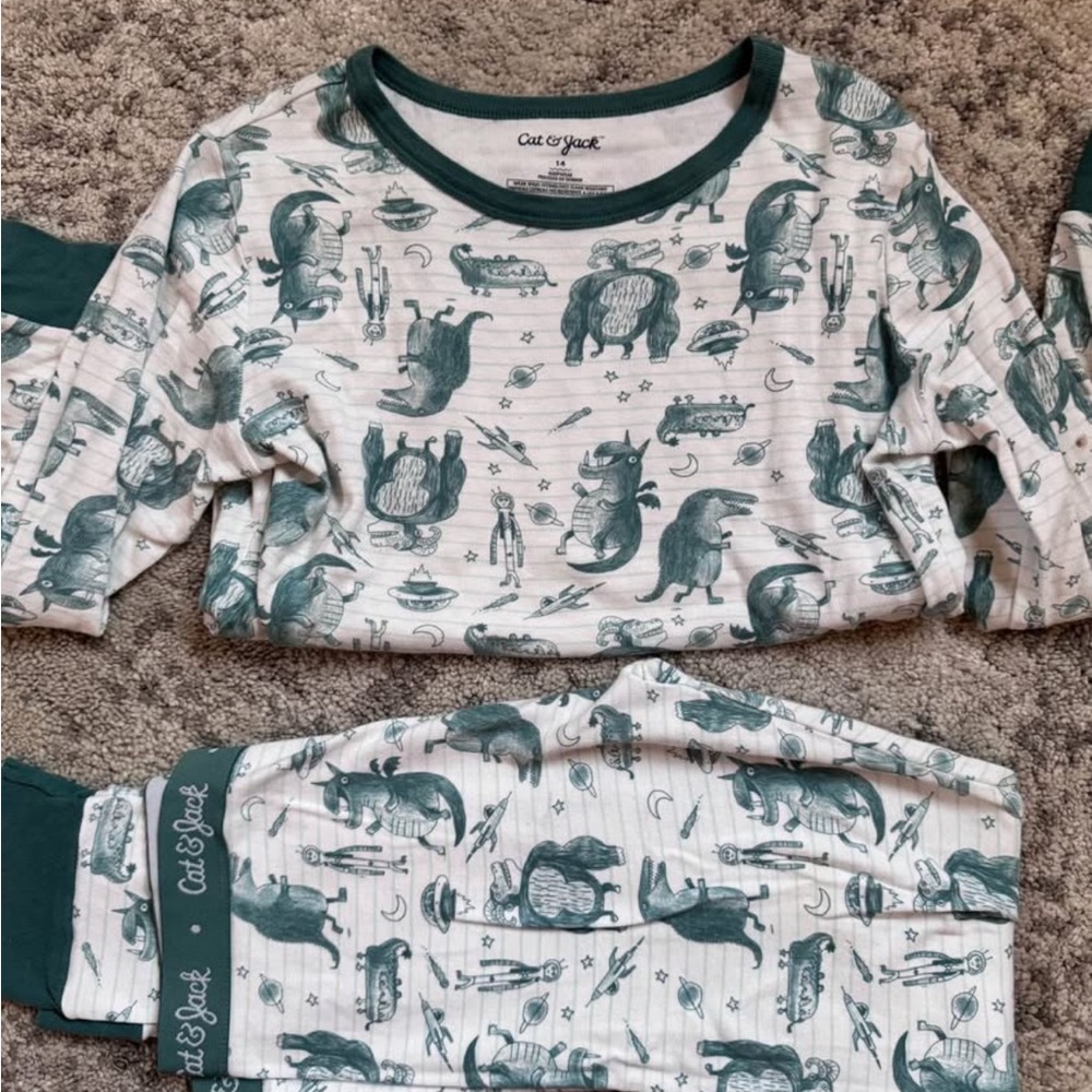 Cat & Jack Kids Pajamas - Cute Green Dinosaur and Monster Drawings Print
